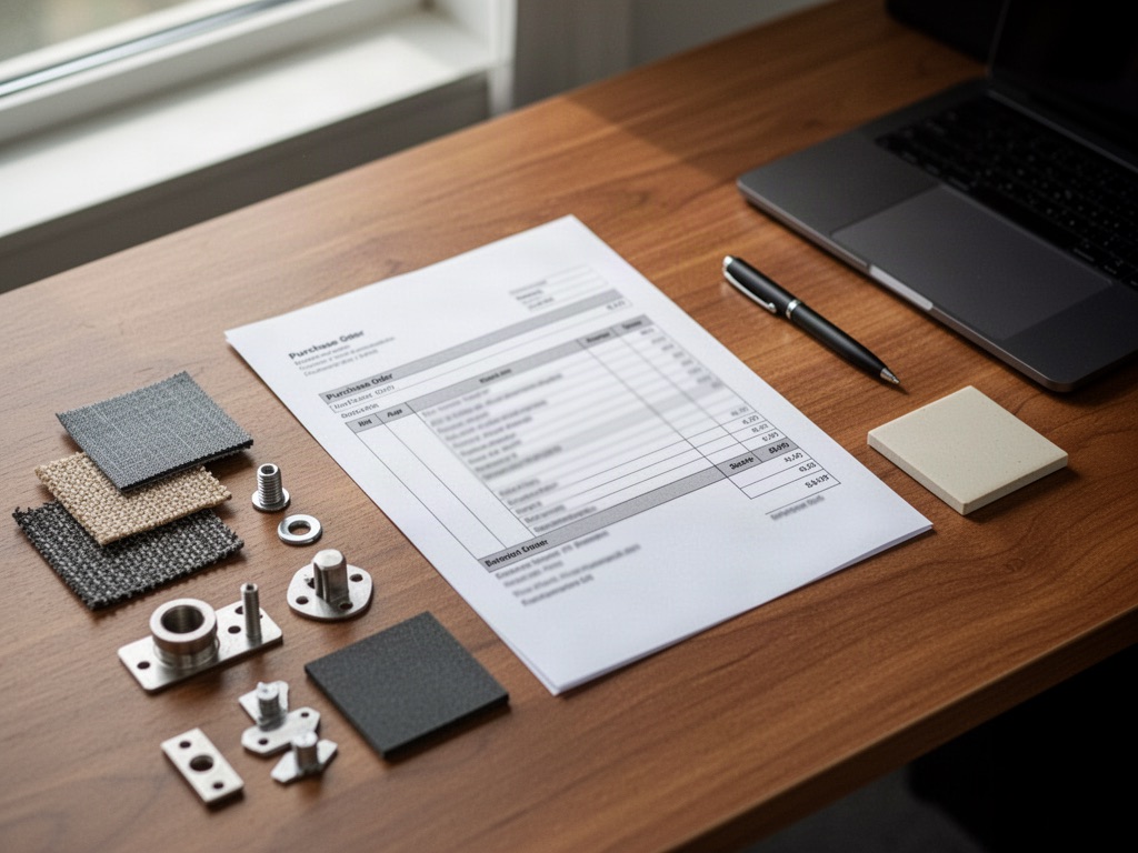 Purchase order and product samples on a desk