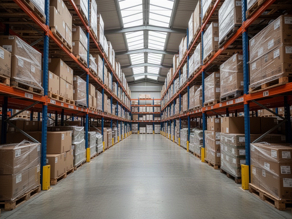 Warehouse aisle with stocked shelves